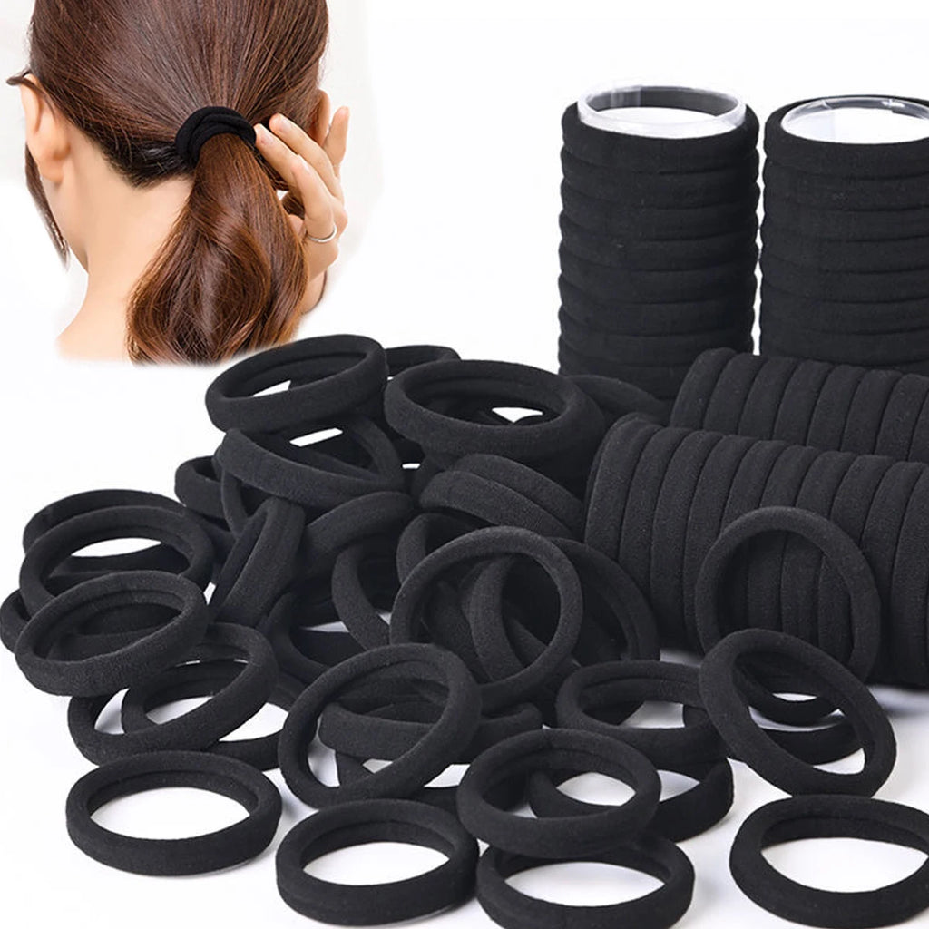 50/100 pcs Elastic Hair Bands – Strong & No-Damage Hair Ties (Black)